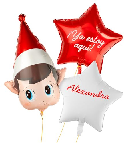 OH YEAH - Set Globo Foil Cabeza Elfo Mágico con Estrella + Estrella PERSONALIZADA - Decoración Festiva Duendes - Accesorios Navideños - Complementos para Fiestas, Hogar y Colegios - ELIGE TU NOMBRE