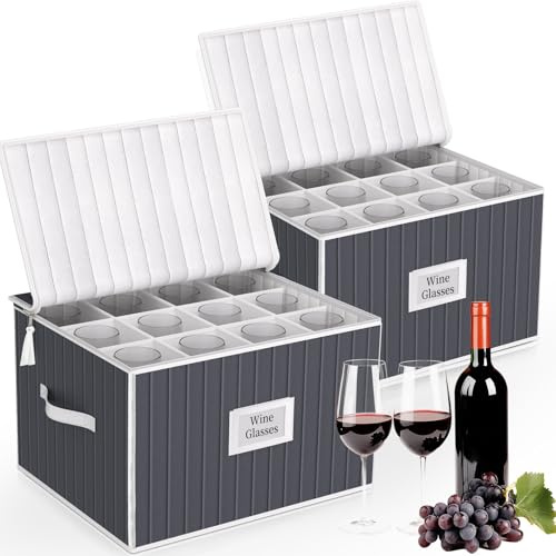 VERONLY Weinzelch - Caja de almacenamiento de cristal con tapa dura, soporte lateral y base y divisores acolchados, juego de 24 copas de porcelana y cristal