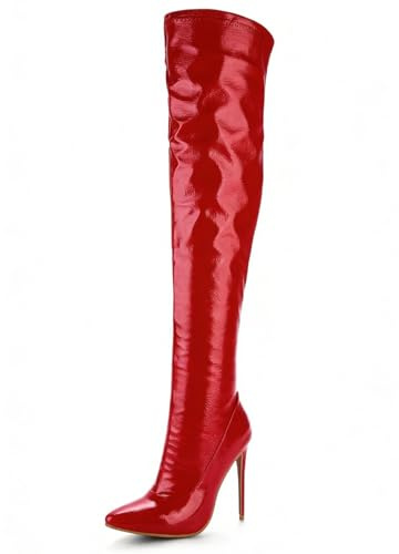 Kvinnor Stiletto Avsmalnande Toe Syntetiskt Läder Högklackade Stövlar 12 cm Dragkedja och Faux Pälsfoder för utomhusaktiviteter och Daglig användning, Röd, 39 EU