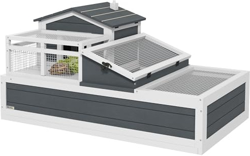 PawHut Casa per Tartarughe in Legno a 2 Livelli, Recinzioni Principali, Balcone, Recinzione Esterna con Tetto Apribile, Terrario per Tartarughe e Rettili, Grigio