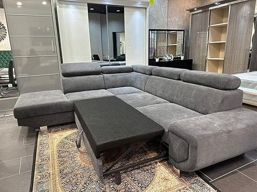 Bishop Grey Corner Sofa Bed with Storage & Adjustable Headrests | Pull-Out Double Sofa Bed | L-Shaped Sectional Couch with Ottoman Storage | Modern Fabric Sofa for Living Room (Left Hand)
