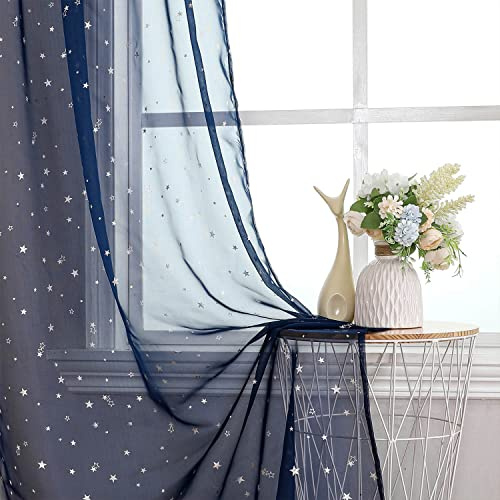 WUBODTI Navy Blue Star Curtains for Boys Room Nursery Living Room 2 Panels, Cute Silver Star Voile Semi Sheer Curtain Drapes Rod Pocket Light Filtering Kids Window Treatments,39 x 79 inch
