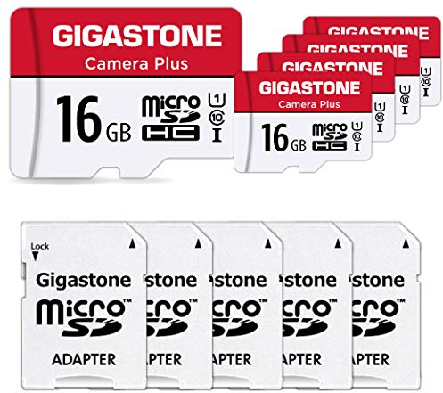 GIGASTONE 16GB 5er-Pack MicroSDHC Speicherkarte + SD Adapter, Kamera Plus, für Action-Kamera und Drohne, bis zu 85MB/s, Full HD-Videoaufnahme, U1 UHS-I Klasse 10 Micro SD Karte
