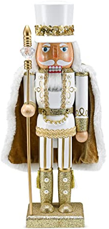 Ornativity Christmas Gold King Nutcracker – Gold and White Glittered Wooden Nutcracker Man Fur Cape and Staff in Hand Xmas Themed Holiday Nut Cracker Doll Figure Decorations 14