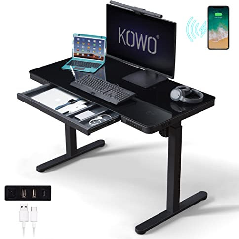 Kowo Glass Top Height Adjustable Electric Standing Desk with Drawers, USB C Hub & Wireless Charger, Black, Sit Stand Up Office Computer Storage Gaming Table, 120 x 60 cm (T3021-12-12)