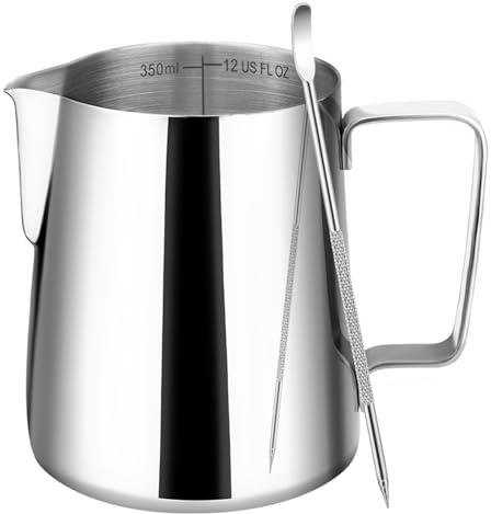 Amrules Milk Frothing Pitcher, 12oz Milk Frother Cup with Clear Scale, 304 Stainless Steel Cappuccino Espresso Machine Accessories for Barista Coffee Bar with Latte Art Pen, Silver