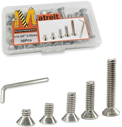 Matrelt 38pcs 1/4-20 5 Sizes Countersunk Head Screws, Flat Socket Head Cap Screws Assortment Kit with Allen Keys, 304 Stainless Steel Socket Cap Bolts Flat Countersunk Head Machine Screws