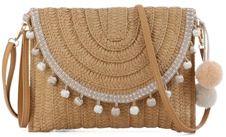 EVEOUT Pochette en Paille Tissée pour Femmes été Clutches Sac à Main en Paille Tressée avec Bandoulière et Pompons pour Parti Mariage Plage Vacances（Marron Balle）