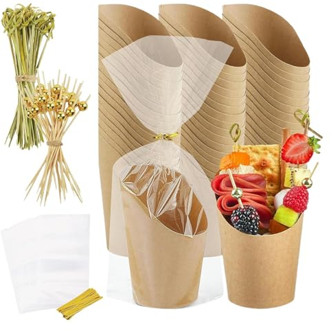 Soporte para papas fritas | Vasos de aperitivos de 14 onzas con palos, bolsas | 50 tazas + 50 bolsas + 200 palillos, vasos de papel kraft para servir aperitivos individuales