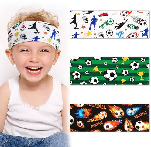 BETESSIN 3 Stück Haarband Jungs Fußball Kinder Stirnband Jungen Mädchen Sport Haarbänder Elastisches Kopfband Fussball Breite Sportstirnband Headband für Schule Sport Freizeit in 3 Stilen