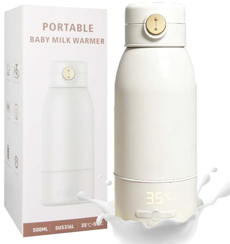 Calentador de Biberones Portátil 500ml – Calienta Leche Rápido, Termo Bebé 24h, Temperatura Ajustable 35-55 °C, Función Pasteurización 65 °C, Batería 10000 mAh USB-C, Ideal para Viajes y Noches