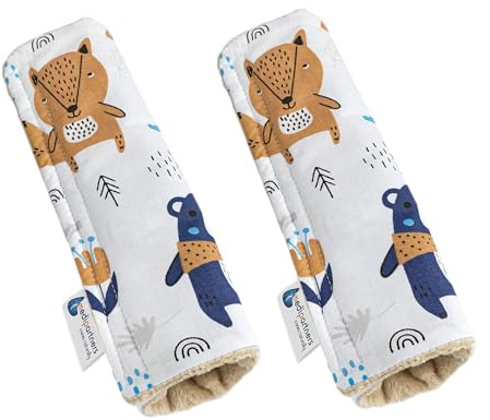 Medi Partners Coche Protector Cinturon Niños Almohadilla 2 Piezas Seguridad para Bebe 17x22cm 100% Algodón Minky Cinturón Kids Seat Car Cinturones Cinto (Animales boho con Minky beige)