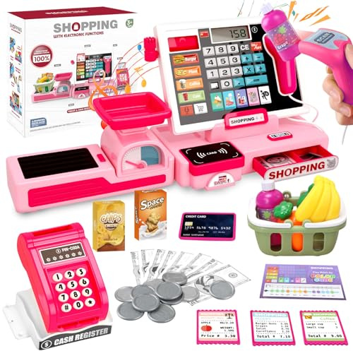 YOTOY Toys for 3-8 Year Old Kids: Shopping Till Cash Register for Toddlers Kid Shop Role Play Toy Till with Scanner and Sounds Gifts for 2 3 4 5 6 Years Old Girls Boys Educational Game Pretend Playset