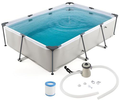 GOPLUS Piscine Hors Sol 3 x 2,07 x 0,66M, Piscine Rectangulaire Tubulaire avec Pompe de Filtration pour Adultes Enfant, Cadre Métallique Robuste, Couches,3701 L, Installation Facile