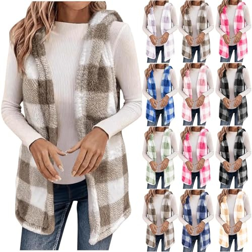 Wyongtao Veste Polaire Femme Sans Manche Gilet Femme Cachemire Chaud Manteau Plaid Automne Hiver 2025 Sherpa Waistcoat Casual Chic Et Elegant Gilets Blousons Ouvert Sur Le Devant Cardigan Veste