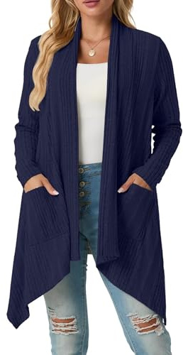 GRECERELLE Womens Cardigans Ribbed Knit Long Sleeve Lightweight Fall Winter | Casual Shawl Collar Irregular Hem Cardigan for Ladies with Pockets
