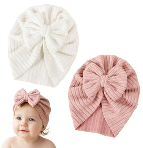 2 Pcs Gorros Bebés, Gorro para Recién Nacido, Sombrero Suave con Lazo, Gorros Turbante para Bebés, Niños, Niñas（Blanco, Rosa