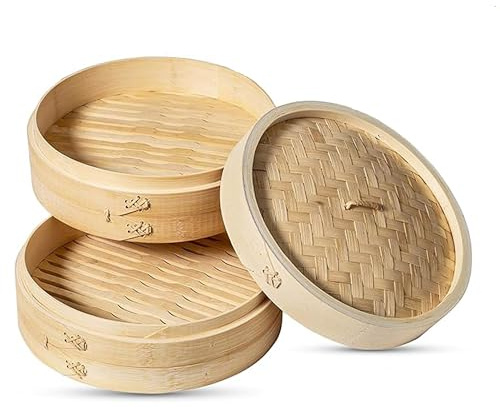 Premium 2-Tier Bamboo Food Steamer with Lid – Natural Basket for Dumplings, Dim Sum & Healthy Cooking (20×20×15cm)