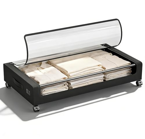 Sekey 50L Unterbett-Aufbewahrungsbox mit Rollen, Kleiderschrank Organizer Aufbewahrungstasche, Metallrahmen & Durchsichtigem Deckel, Rollbare Bettkasten für Kleidung/Bettwäsche, Schwarz