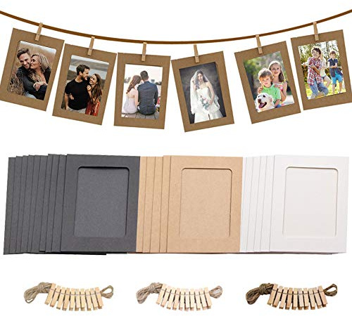 NETUME 30 Pièces Cadres Photo Carton 6 x 4 inch, DIY Kraft Papier Cadres avec Mini Clips en Bois et Cordes en Chanvre pour Anniversaire, Mariage, Anniversaire, Festival, décoration