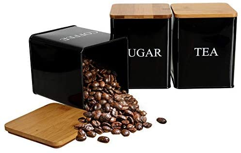 Bekith 3 Pack Tea Sugar Coffee Canister Set with Bamboo Lids Kitchen Storage, 11 x 11 x 14.1CM (Black)