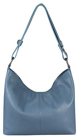OBC Made in Italy Damen Echt Leder Tasche Metallic Shopper Hobo-Bags Blumen Schultertasche Umhängetasche Handtasche Henkeltasche Ledertasche Damentasche Silber (Jeansblau)