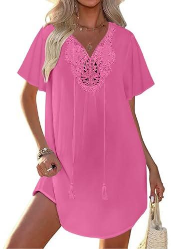 Ekouaer Strandöverdrag för kvinnor strandkläder urholkad strandklänning spets virkad V-ringad bikini täcka upp S-XXL, Rosa, XL