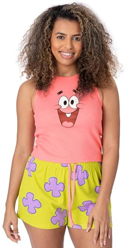 SPONGEBOB SQUAREPANTS Ladies Pyjama Set | Pink Vest With Green All Over Print Elasticated Shorts For Women | Patrick Bikini Bottom Graphic Sleepwear | Cartoon Merchandise Nightwear Pyjama for Adults