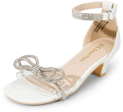 DREAM PAIRS Girls Sandals Ankle Strap Square Toe Low Heel Bow Flower Dress Shoes,Size 13 Little Kid,White,SDSD2421K