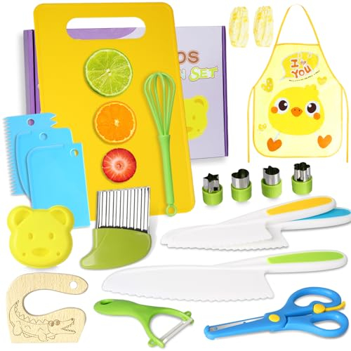 Lot de 20 Couteaux de Cuisine pour Enfants, Kit Couteaux de Sécurité pour Couper Fruits ou Légumes, Couteau Montessori Enfants avec Couteau en Bois, Planche à Découpe, pour Cadeau de Noël ou d'anniver
