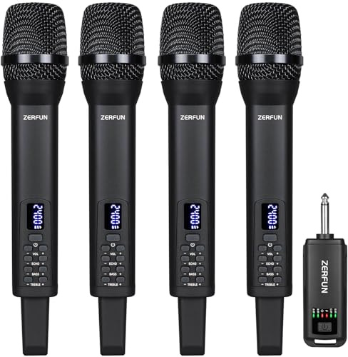 ZERFUN Rechargeable Wireless Microphones 4, Pro Handheld Cordless Mics System Dynamic with Echo Treble BASS VOL Control for Karaoke Singing Church Party, 1/4'' Output, D240, Black