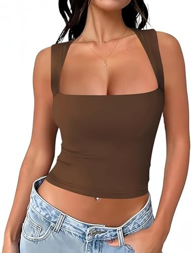 Haibang Canotta Donna Elegante Estive Tank Top Sportiva Sexy Slim Fit Crop Top Senza Maniche Canottiera Corto con Scollo Quadrato Basic Aderente Camicia Casual Elasticizzata Maglietta Moda Y2K Shirt