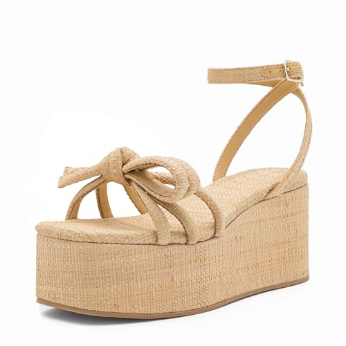 ZIXSAA Raffia-Plateau-Sandalen für Damen, Schleife, Knöchelriemen, Espadrille, Keilabsatz, bequem, quadratisch, offener Zehenbereich, Strohsandalen, Naturbast, 37 EU