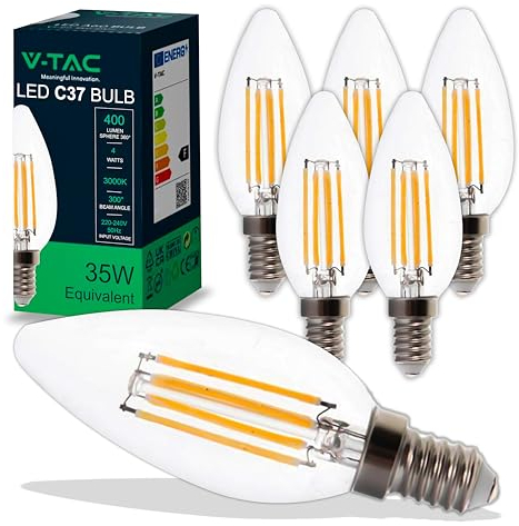 V-TAC 6x LED Glühbirne Kerze Filament E14 4W (Entspricht 35W) – Warmweiß 400 Lumen – 6er Pack – Maximale Effizienz – Filament Deko – LED Glühlampen - Energiesparlampe - 3000K
