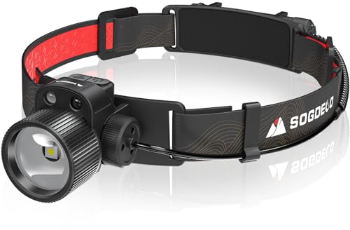 Sogdeco Stirnlampe LED Wiederaufladbar, Kopflampe Stirnlampe 5000LM, Fokussierbar, Große Kapazität 5000mAh USB aufladbar, IP68 Wasserdichte, Sensor & Rotlicht, Leichtgewicht für Camping Survival