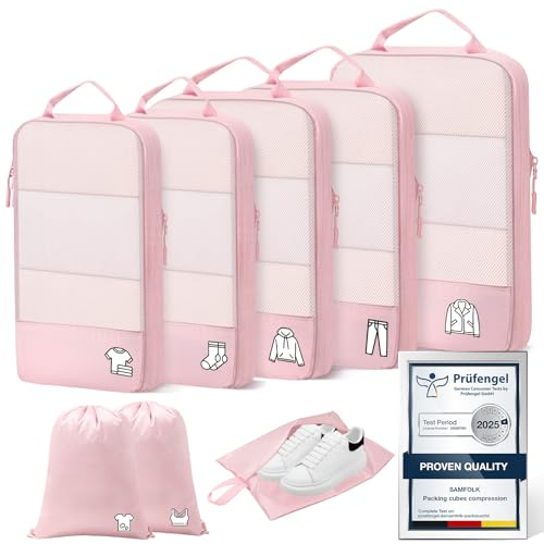 Sac Compression Voyage Organisateur Valise 8 Pièces, Packing Cubes Compression Rangement Valise Voyage Accessoires Rose