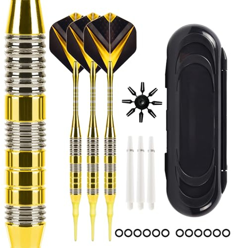 Mhekrep Dardos con punta de plástico de 21 gramos, juego de 3 dardos profesionales blandos, accesorios de dardos para diana electrónica con caja de almacenamiento (Amarillo)