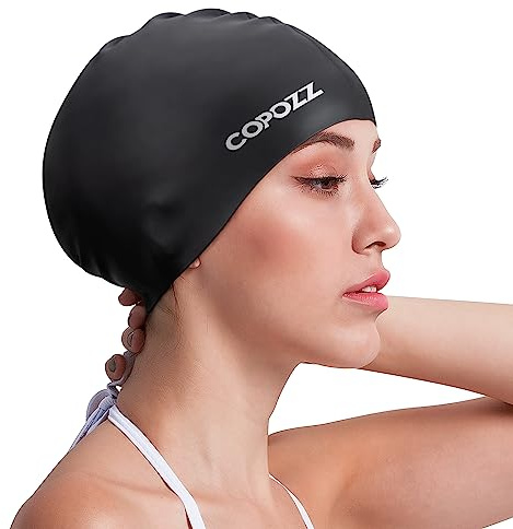 COPOZZ Women‘s Swim Cap for All Hair - Large, Comfortable Silicone Swimming Cap, Waterproof Design for Long, Short, Thick & Curly Hair | Secure & Comfortable Fit (Black-12yrs+)