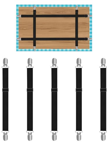 Eophmi Tablecloth Clips for Outdoor,5PCS Adjustable Elasticity Picnic Table Cloth Holder Clips Thick Tables Hidden Strap for Bench Cover Party Restaurant Camping RV Essential Accessory