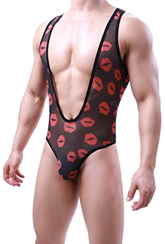 Men's Backless Wrestling Singlet Sexy, One-Piece Mankini Gay Party Lingerie Leopard Nightclub Pool Jumpsuits High Cut Bulge Pouch Jockstrap Thong Bodysuit Underwear Black L