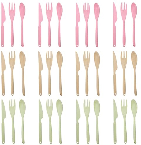DIYJEP Stort bestickset för 9 personer, 27 stycken återanvändbara plastbestick med knivar, gafflar och skedar, diskmaskinssäkert bärbart campingbestickset för utomhus (rosa, grön, beige)