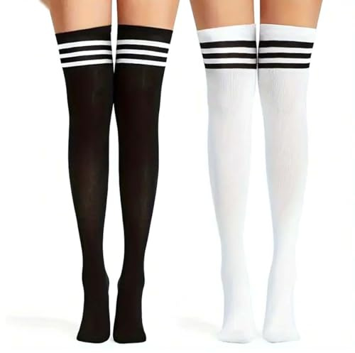 HABNI Chaussettes Femme Extra Longues Cuisse Montantes Sport Cosplay 2 Paires Noir À Rayures Blanches Blanc À Rayures Noires Taille Unique