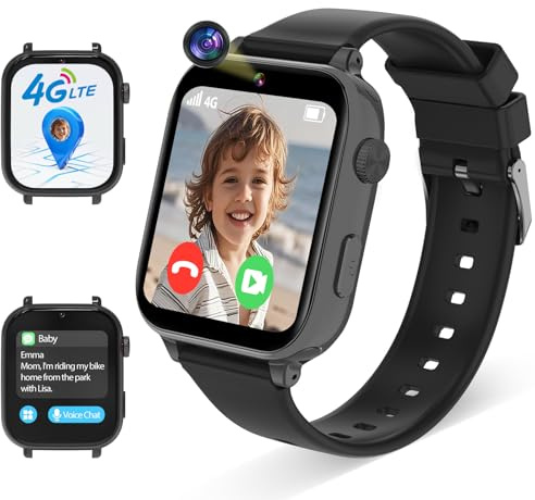 4G Kinder Smartwatch, Smartwatch für Kinder mit GPS und Telefon, GPS Kinderuhr Videoanruf Voice Chat, WIFI SMS-Empfang Wecker SOS Schulmodus Schrittzähler, Kindergeschenke (Klassisch, Schwarz)