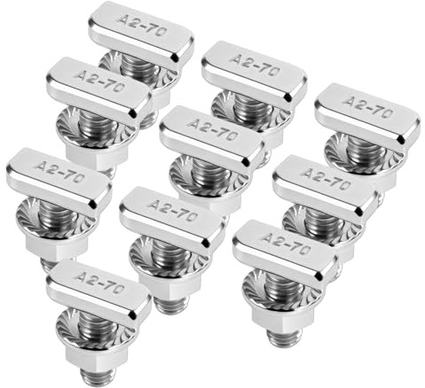 10 tornillos de cabeza de martillo M8 x 20 de acero inoxidable A2-70 con tuercas de brida M8 y pernos de ranuras en T - para montaje de rieles solares fotovoltaicos, sistemas de montaje fotovoltaicos