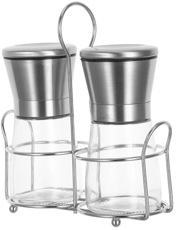 SHINEOFI Moulin à Poivre et Sel Manuel en Acier Inoxydable, Lot de 2 Set avec Support Compact, Broyeur à Épices Réglable pour Poivre, Sel Marin et Épices, Broyeur Multifonction Pratique