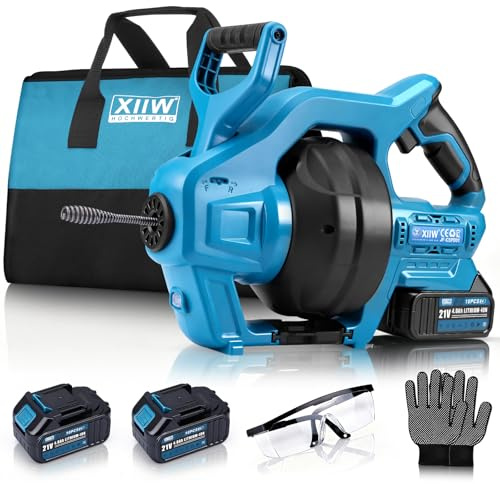 7,6 m sladdlös rörrengöringsspiral med 2 x batteri elektrisk rörrengöringsmaskin, kompatibel med 18 V batteri, avloppsrenare f. 19–85 mm, rörrensare avloppsspiral för kök badrum toalett, 650 U/m
