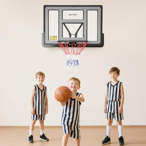 Basketkorg inomhus barn – väggmonterad basketkorg med 100 cm x 70 cm bakvägg, PE-kantskydd, inkl. korgnät och hållare, perfekt för barn och hem, inomhus och utomhus
