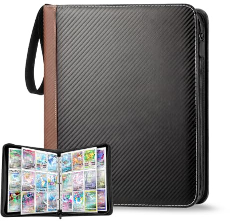Album för 900 kort, TCG-album med 3 ringar | Vattentät PU-förvaring med dragkedja, kompatibel med Pokemon, Magic, One Piece, Yu Gi Oh och Panini, brun