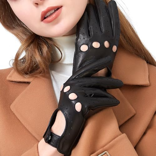 ZLUXURQ Womens Vintage Soft And Thin Excellent Quality Lambskin Touch Screen Black Leather Driving Gloves