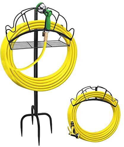 Gartenschlauchhalter freistehender Metall Wasserschlauch Ständer, Abnehmbarer Robuster Schlauchaufhänger mit Aufbewahrungskorb, Gartenschlauch Halterung für Hof Rasenplatz(4 stachelige Füße)